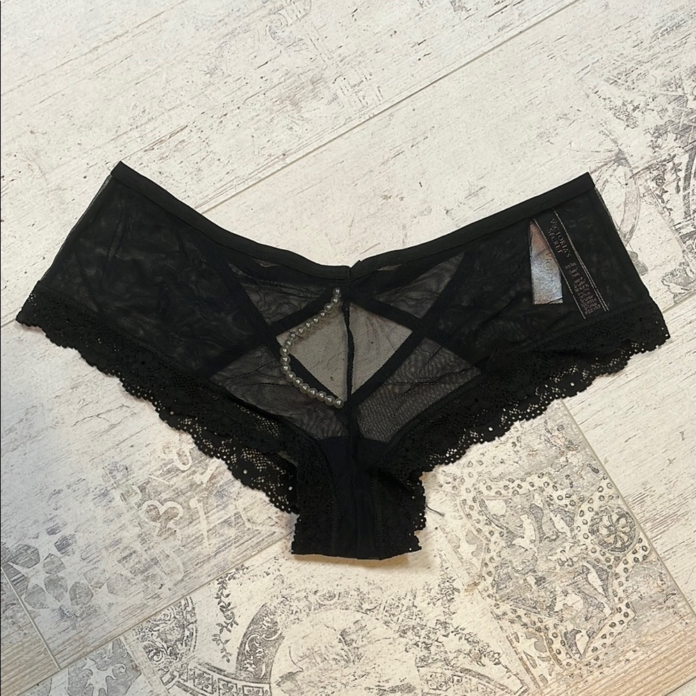 Victorias Secret Very Sexy Black Mesh and Lace Cheeky Panties with Pearl Detail
